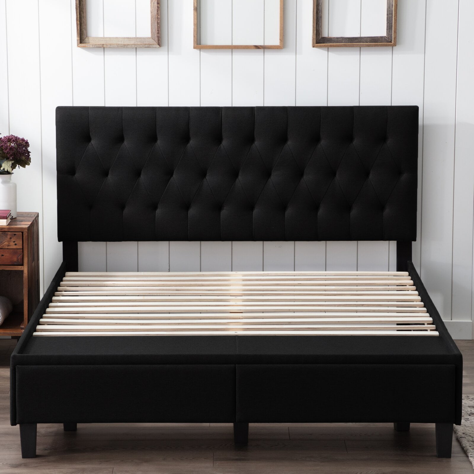 Tufted upholstered low profile storage platform bed deals