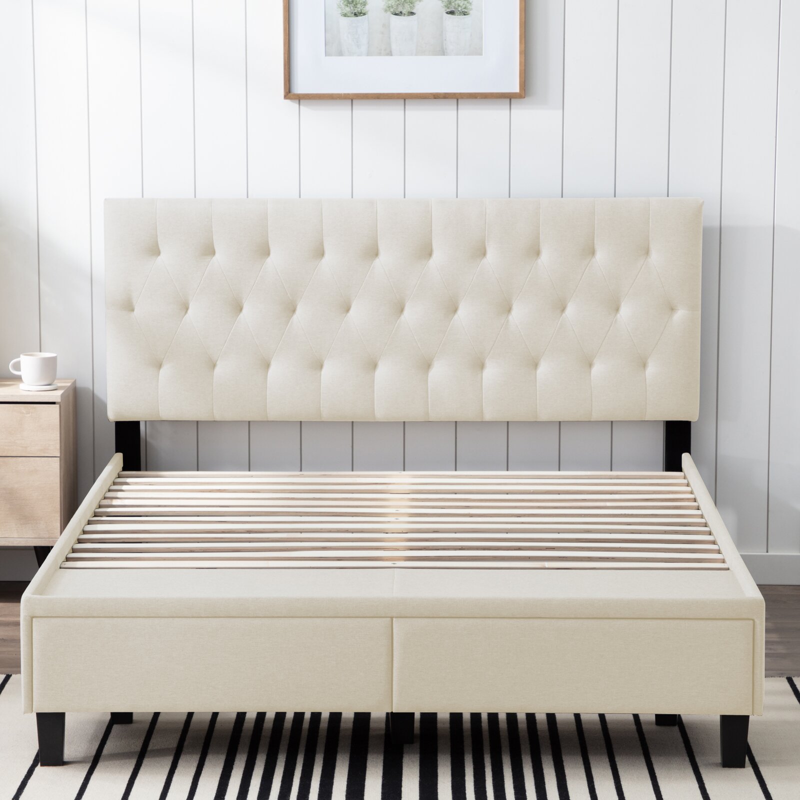 Galey Tufted Upholstered Low Profile Storage Platform Bed, Solid Wood