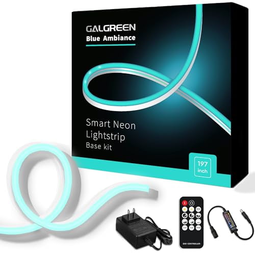 Galgreen Neon Rope Lights, 16.4ft Rope Lights with Dimmable Remote and Adapter, Waterproof Flexible Smart Led Strip Lights for Bedroom, Super Bright, DIY Neon Sign, Indoors Outdoors Decor, Ice Blue