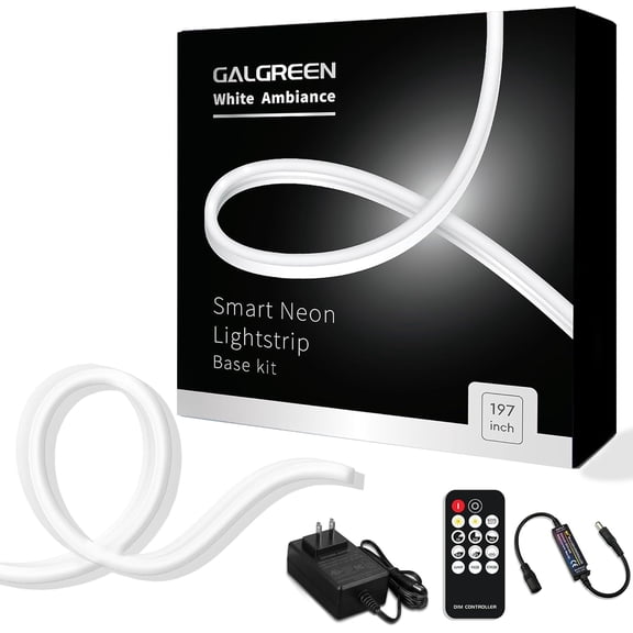 Galgreen Neon Rope Lights, 16.4ft Rope Lights with Dimmable Remote and Adapter, Waterproof Flexible Smart Led Strip Lights for Bedroom, Super Bright, DIY Neon Sign, Indoors Outdoors Wall Decor, White