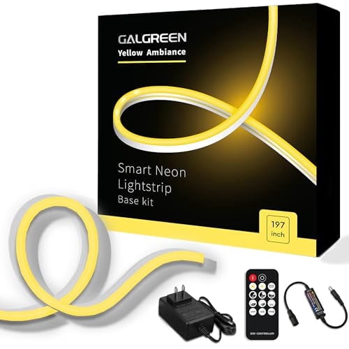 Galgreen Neon Rope Lights, 16.4ft Rope Lights with Dimmable Remote and Adapter, Waterproof Flexible Smart Led Strip Lights for Bedroom, Super Bright, DIY Neon Sign, Indoor Outdoor Wall Decor, Yellow