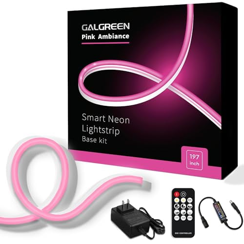 Galgreen Neon Rope Lights, 16.4ft Rope Lights with Dimmable Remote and Adapter, Waterproof Flexible Smart Led Strip Lights for Bedroom, Super Bright, DIY Neon Sign, Indoors Outdoors Wall Decor, Pink