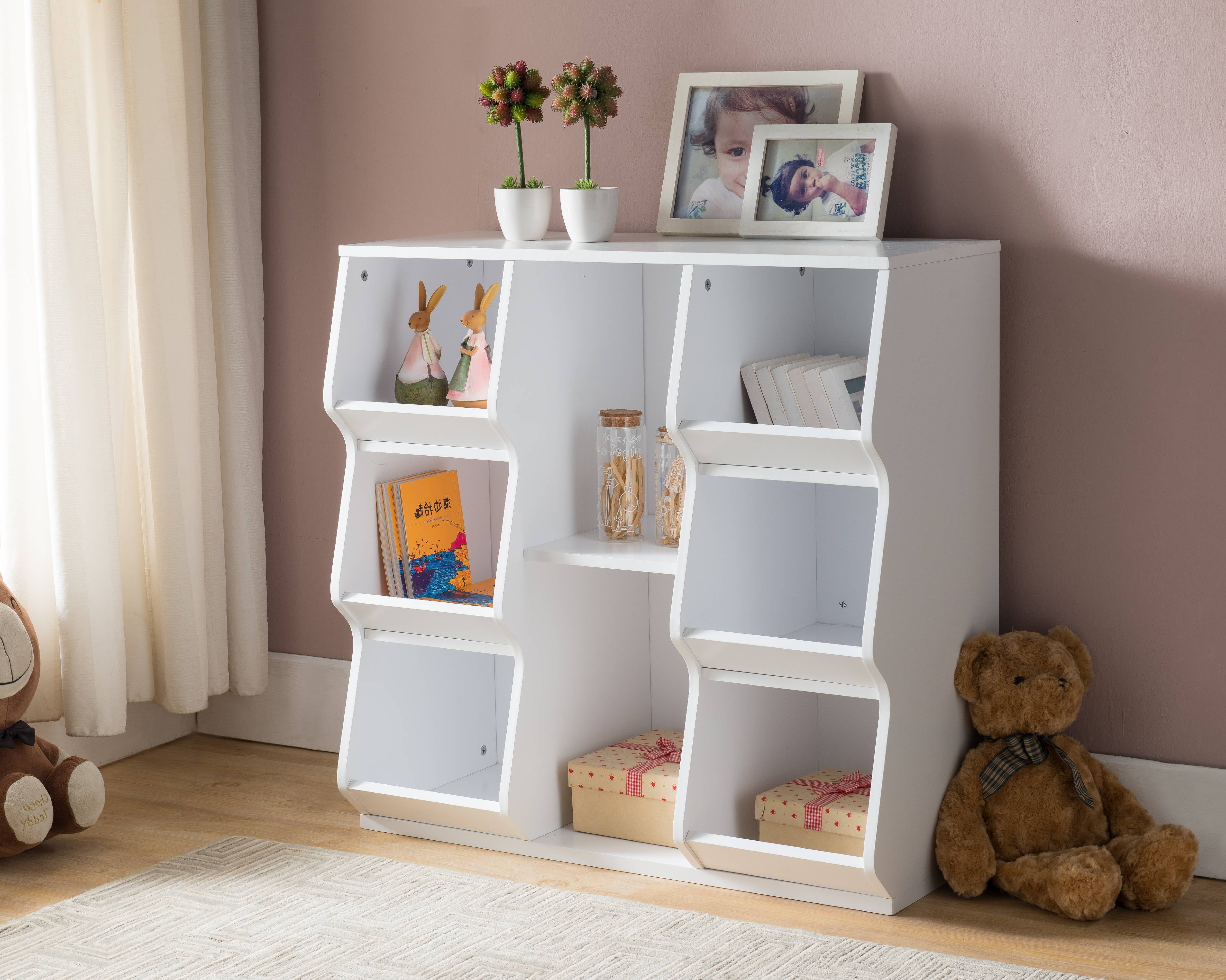 Gali Kids Bin / Cubby Storage Bookcase With 8 Shelves, White Wood, Contemporary