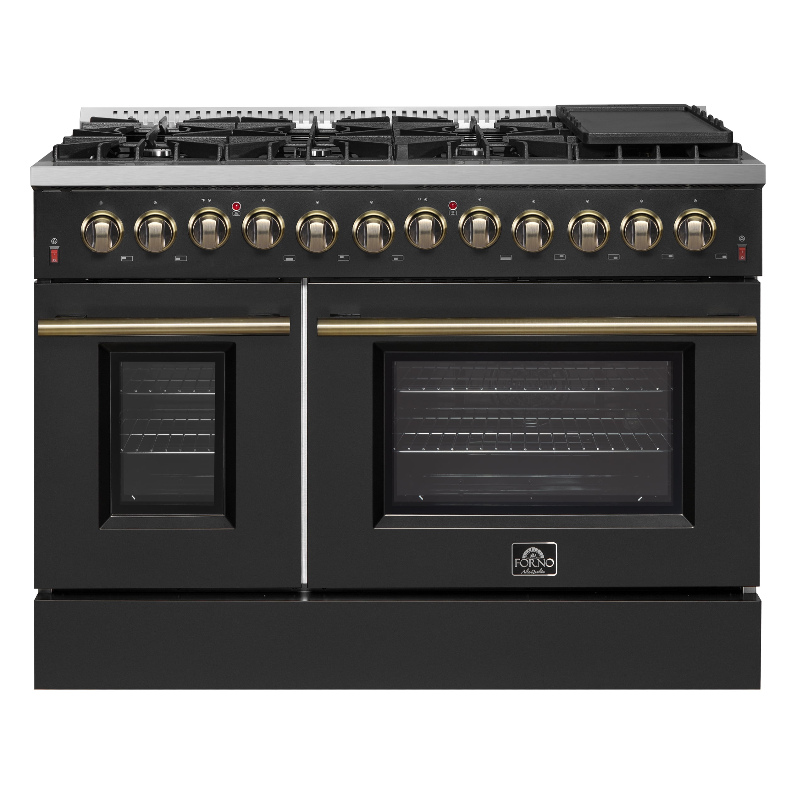 Galiano 48-inch Dual Fuel Range Black  Antique Brass Design with 8 Sealed Burners 107,000 BTU, 6.58 cu. ft. double ovens  Griddle