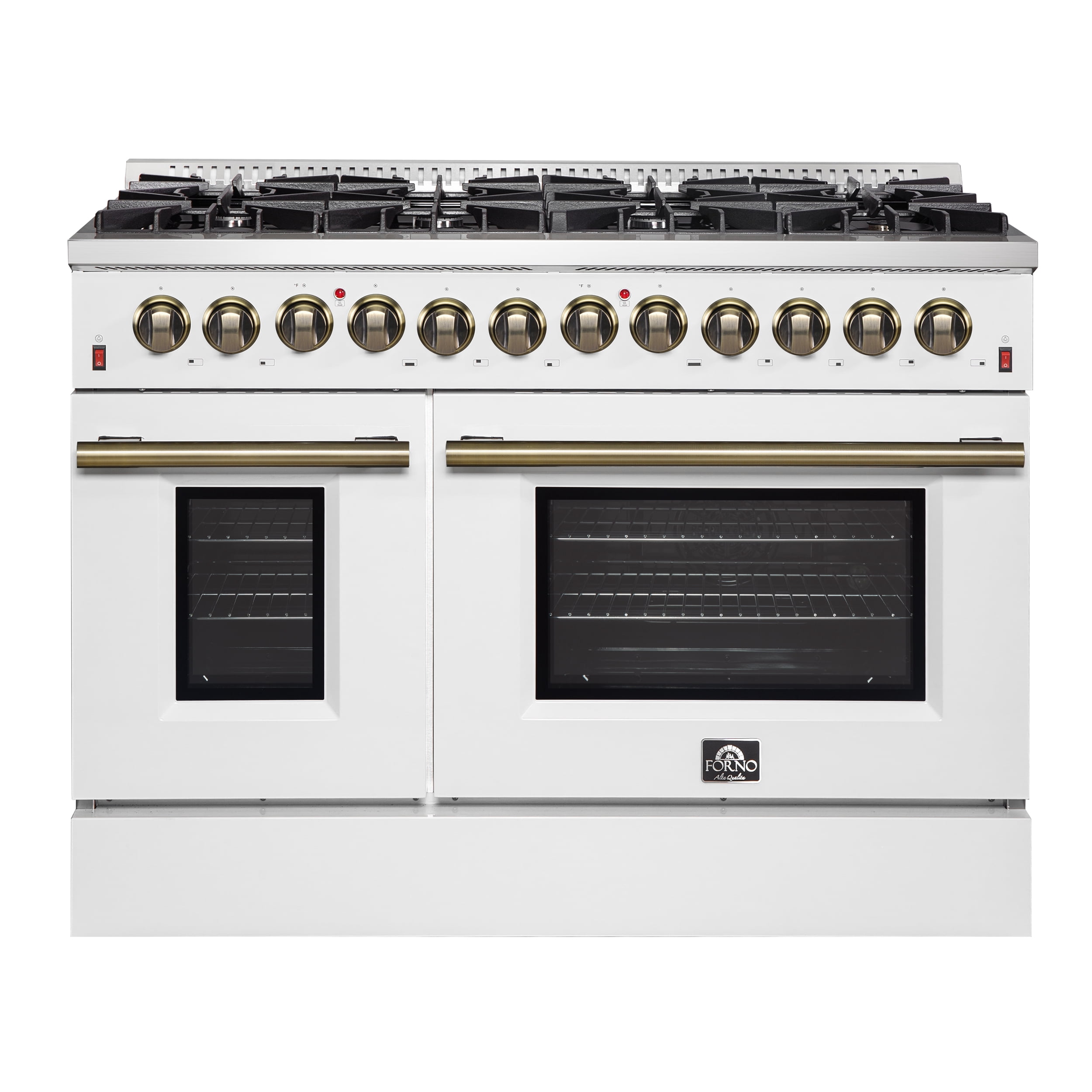 Galiano 48-inch Dual Fuel Range White  Antique Brass Design with 8 Sealed Burners 107,000 BTU, 6.58 cu. ft. double ovens  Griddle