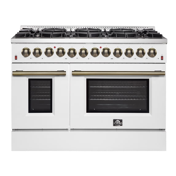 Galiano 48-inch Dual Fuel Range White Antique Brass Design with 8 Sealed Burners 107,000 BTU, 6.58 cu. ft. double ovens Griddle