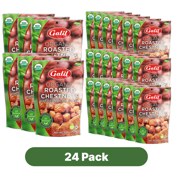 Galil Organic Peeled Chestnuts, Shelled & Roasted, Gluten-Free, Snack, 3.5 oz Bag, 24 pack