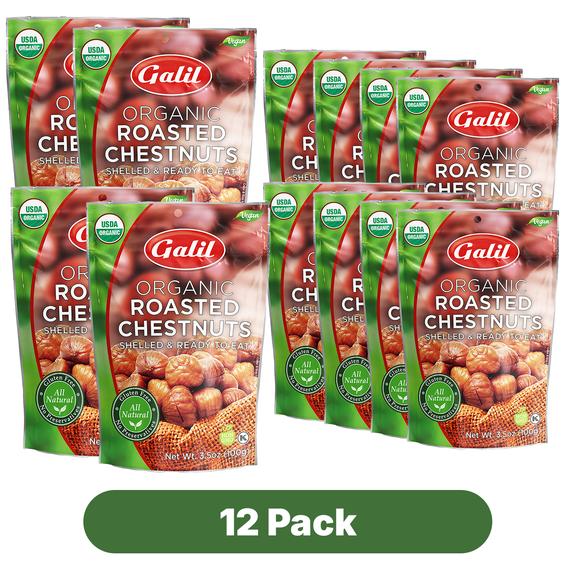 Galil Organic Peeled Chestnuts, Shelled and Ready to Eat Roasted Chestnuts, 3.5 oz Bag, 12 Pack