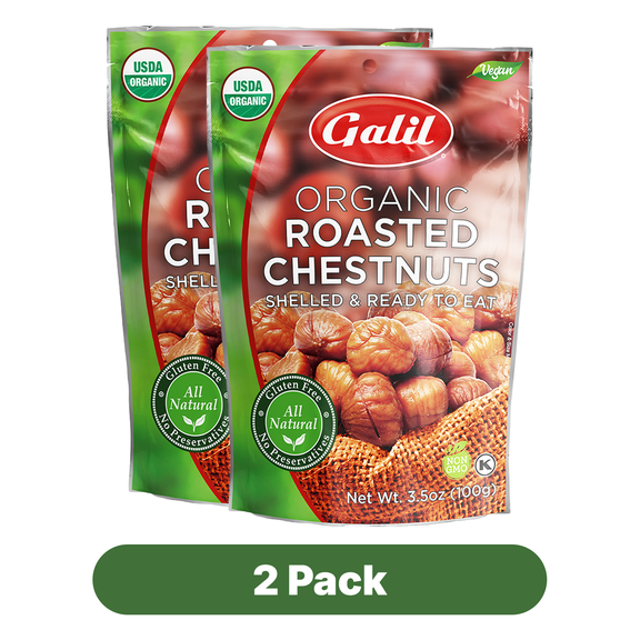 Galil Organic Peeled Chestnuts, Shelled & Roasted, Gluten-Free, Snack, 3.5 oz Bag, 2 pack