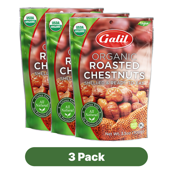 Galil Organic Peeled Chestnuts, Shelled and Ready to Eat Roasted Chestnuts, 3.5 oz Bag, 3 Pack
