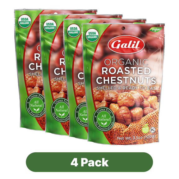 Galil Organic Peeled Chestnuts, Shelled and Ready to Eat Roasted Chestnuts, 3.5 oz Bag, 4 Pack