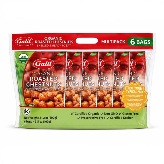 Galil Organic Peeled Chestnuts, Shelled and Ready to Eat Roasted Chestnuts, 3.5 oz Bag, 6 Pack