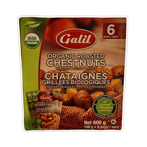 Galil Organic Roasted Chestnuts - Gluten Free, Shelled and Ready to Eat - 6 x 100g (600 grams)