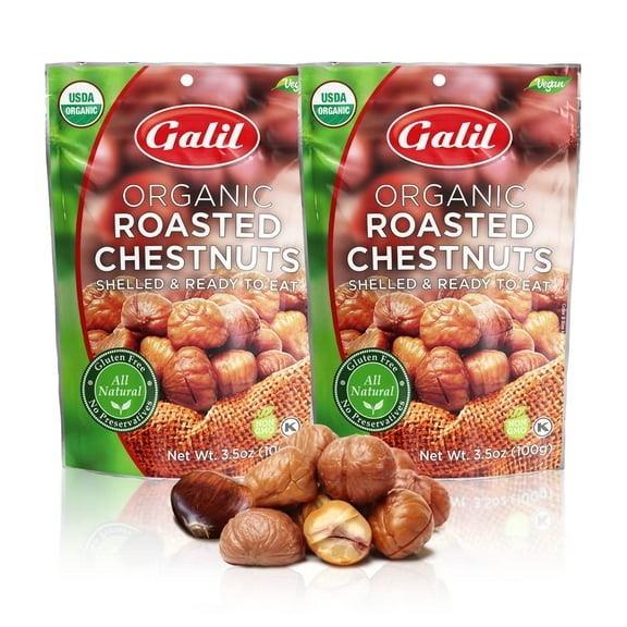 Galil Roasted Chestnuts Shelled Ready To Eat Organic Gluten Free Vegan Kosher Pack of 2 3.5 Oz Bags