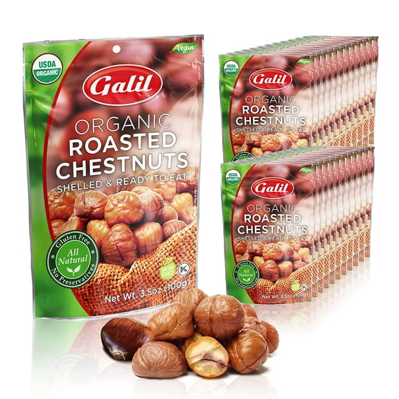 Organic Roasted Chestnuts Pack of 24 Shelled & Ready to Eat Chestnuts - Gluten Free, Vegan, Organic, Non-GMO, Kosher Snacks - Great for Baking, Cooking & Turkey Stuffing 3.5oz Bags