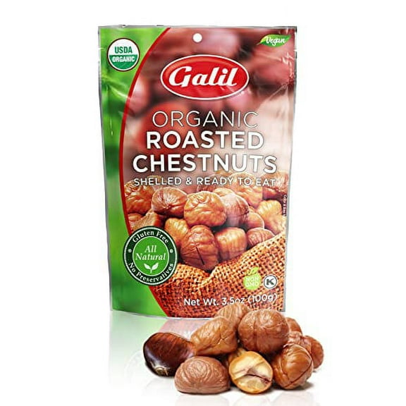 Galil Organic Roasted Chestnuts - Shelled & Ready to Eat - Gluten Free, Vegan, Organic, Non-GMO, Kosher Snacks - Great for Baking, Cooking & Turkey Stuffing 3.5oz Bag