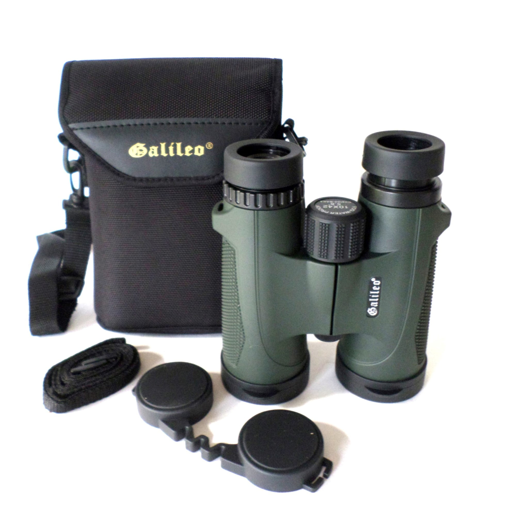 Galileo 12 power Nitrogen Purged, waterpoof and fogproof compact hunting binocular with BAK4 prisms. Twistup eye caps, 42mm lenses, case and strap