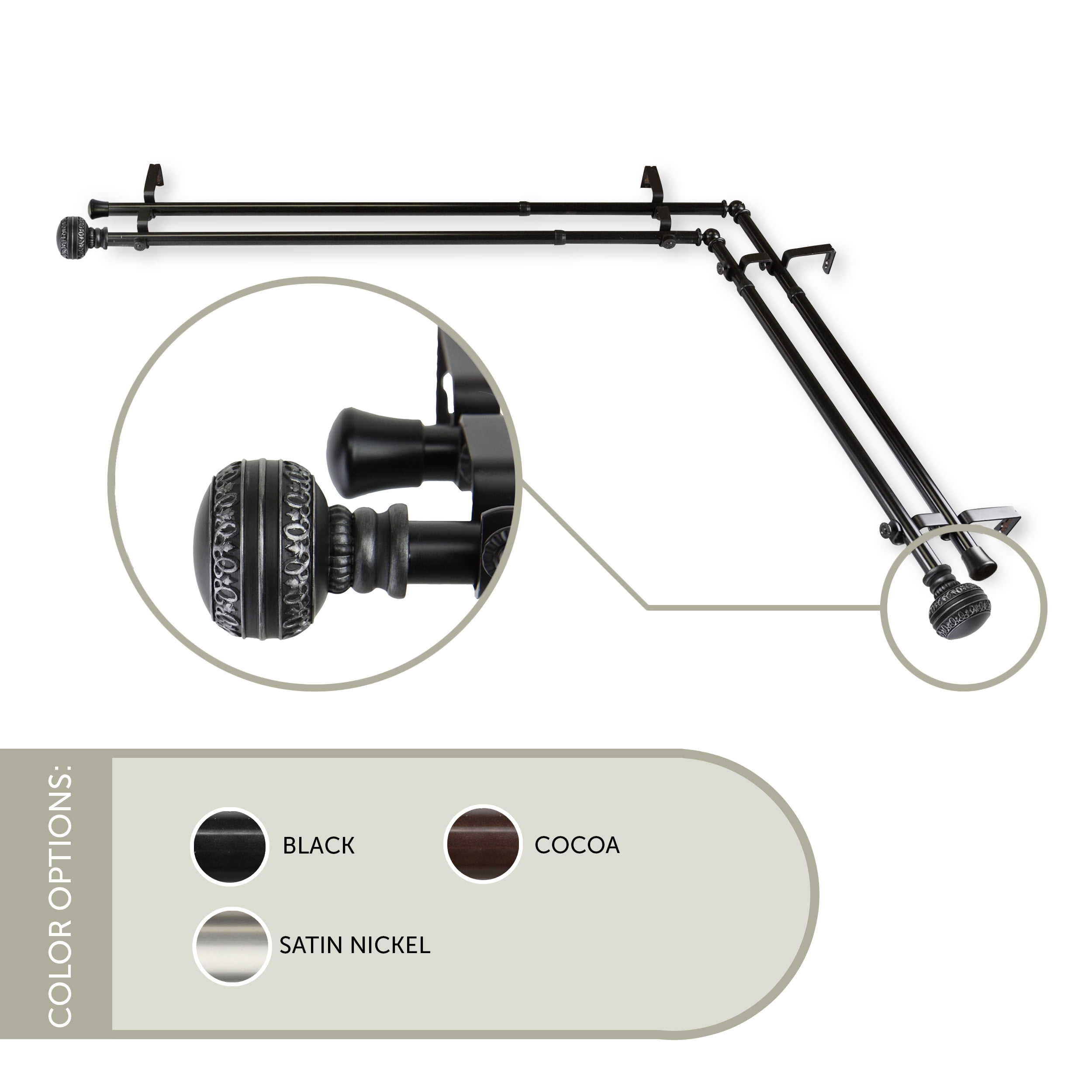 Galileo 13/16 inch Double Corner Window Curtain Rod 120-170" - Black