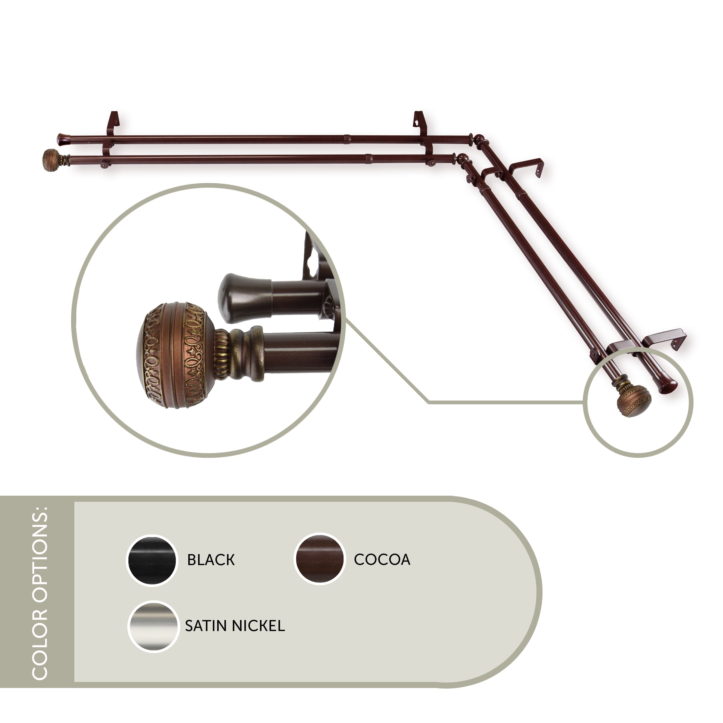 Galileo 13/16 inch Double Corner Window Curtain Rod 48-84" - Cocoa