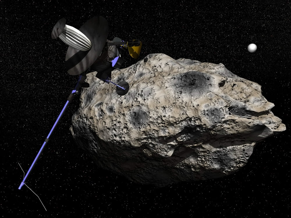 Galileo spacecraft discovering asteroid 243 Ida and its moon Dactyl Canvas Art - Elena DuvernayStocktrek Images (33 x 25)