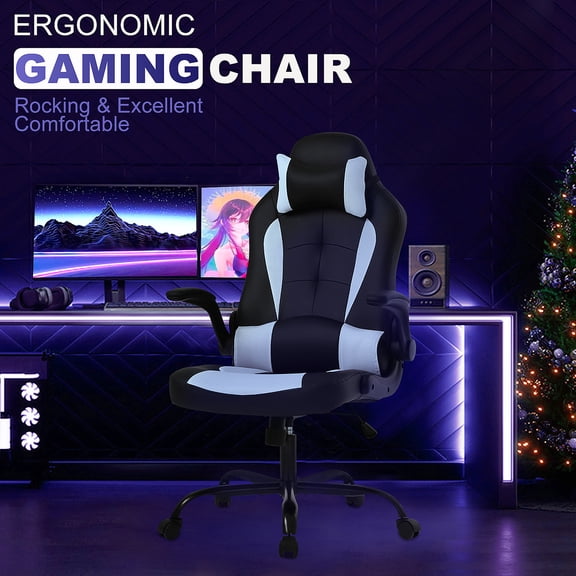 Gall Ergonomic Tilt Adjustable BIFMA Racer Faux Leather Black and White Gaming Chair