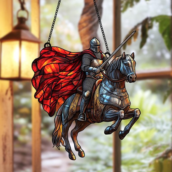Gallant Horseback Knight 2D Flat Acrylic Suncatcher, Decorative Window Panel, Red Cloak Sword Design, Medieval Fantasy Art, Gift for History Fantasy Lovers, Window Hanging Decor