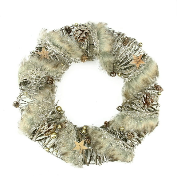 Gallerie II Glittered Pine Cone, Twig and Faux Fur Small Christmas Wreath - 13.5" - Unlit