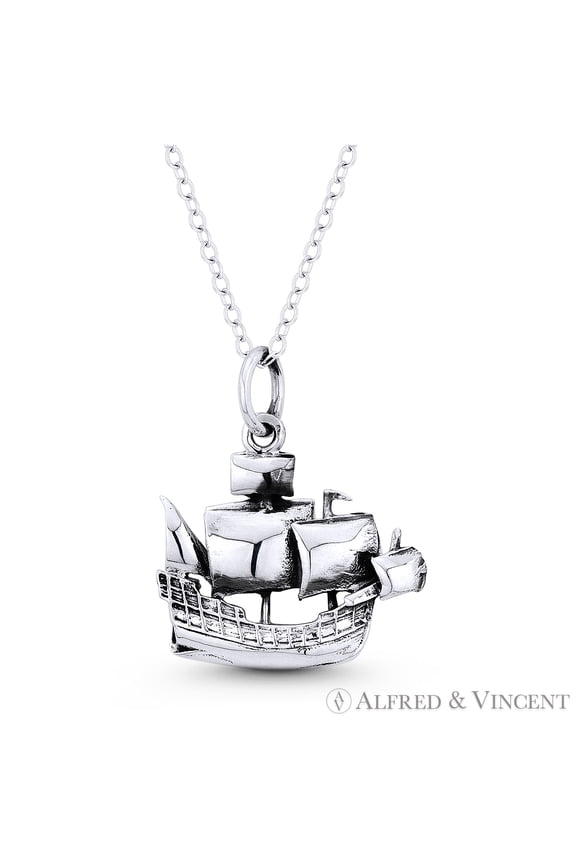 Galleon Ship Seafarer Charm Pendant & Chain Necklace in Oxidized .925 Sterling Silver