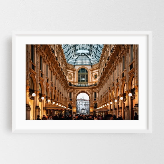 Galleria Vittorio Emanuele II 01 - Milan Lombardy Italy Photography Architecture City Vintage Travel Poster Street Photography Scenic Nightlife White Framed Wall Art Print 5 x 7 inches