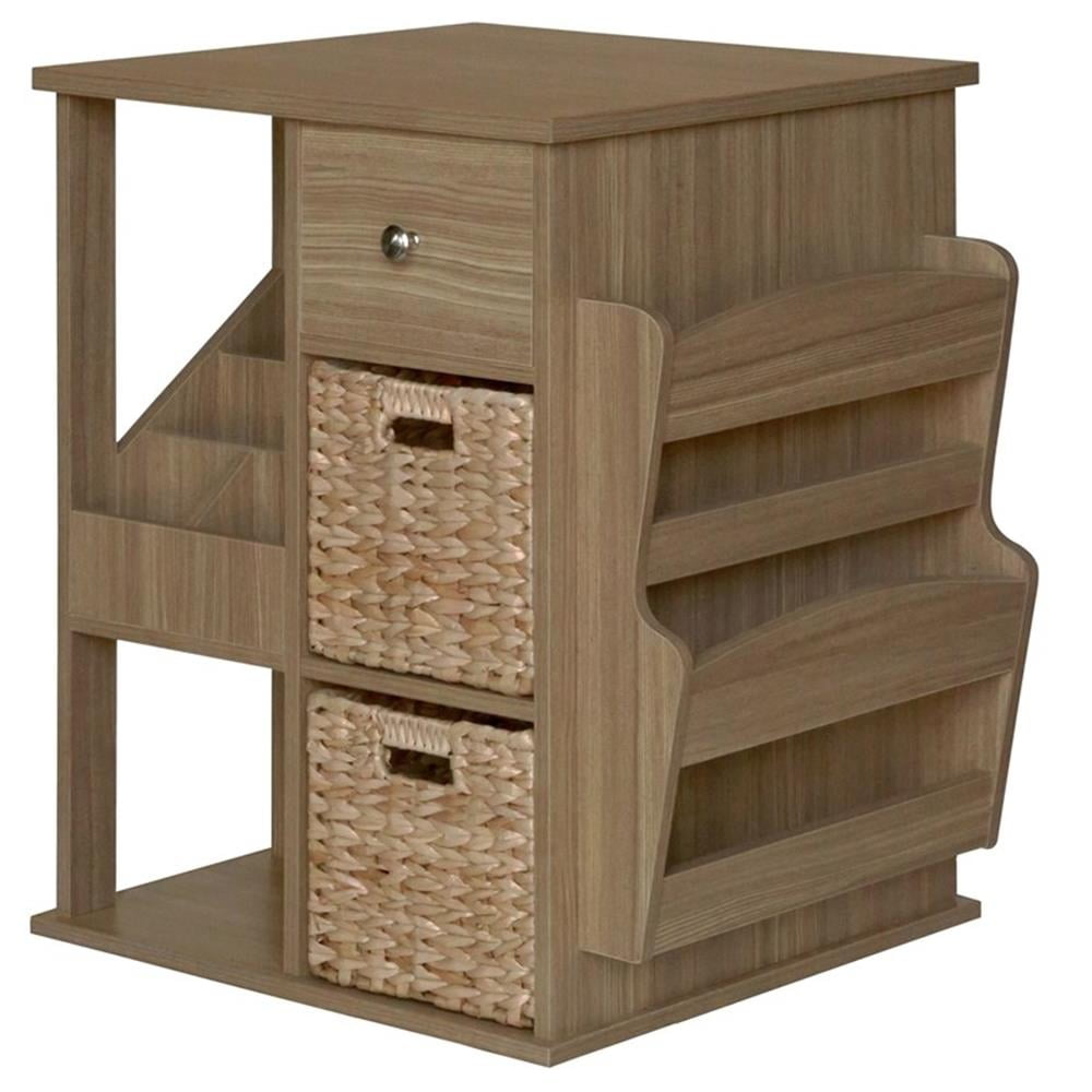 Natural Light Brown Wood Revolving Side Table with Storage