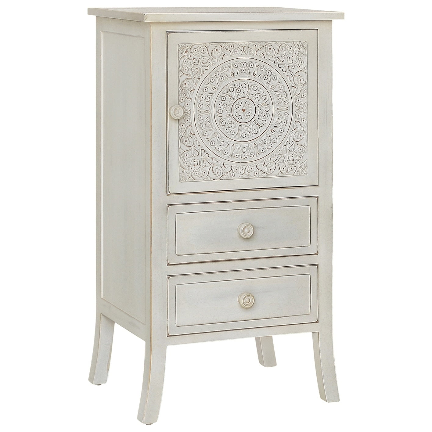 White Carved Wood Chest with Two Drawers and Cabinet