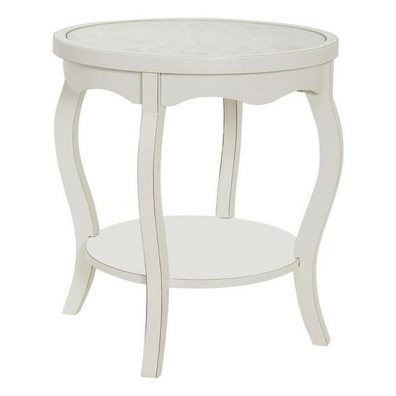 Gallerie Decor Antiqued Carved Transitional Wood/Glass Side Table in White