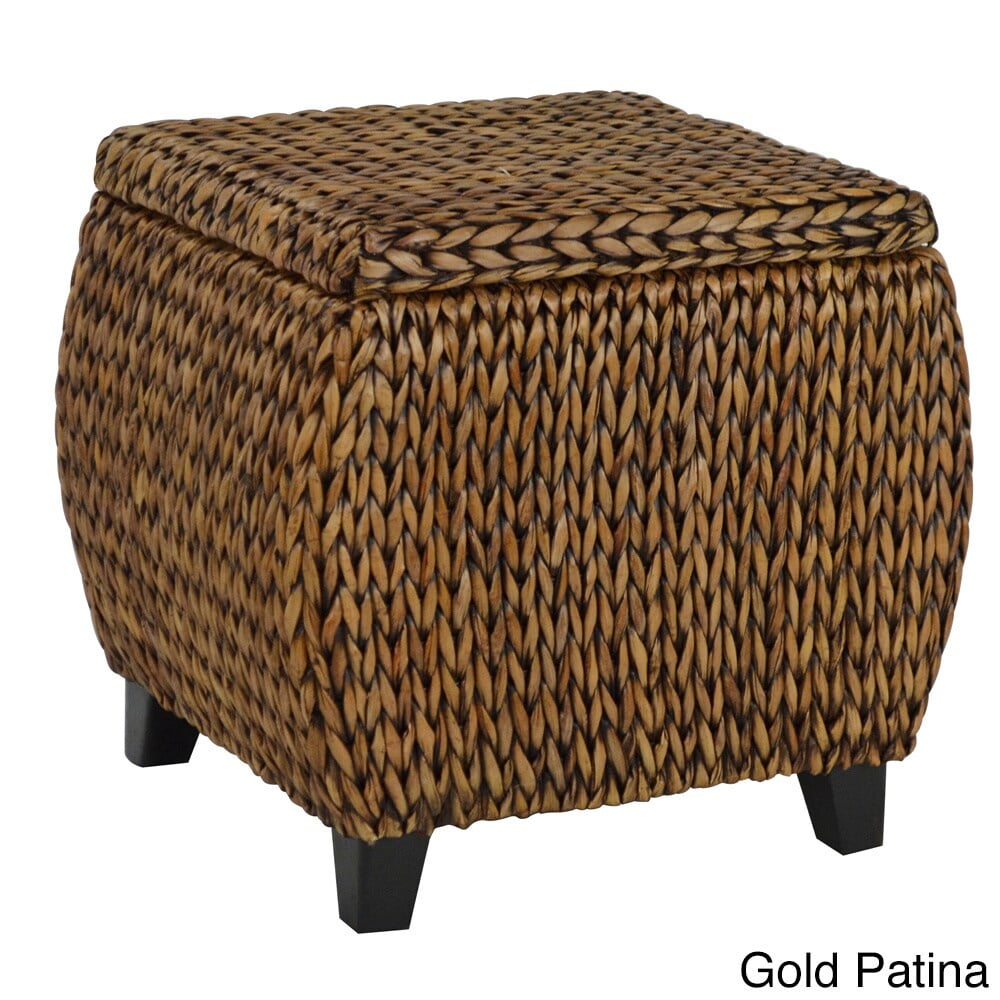 Gold Patina Woven Banana Leaf Round Storage Ottoman with Wood Legs