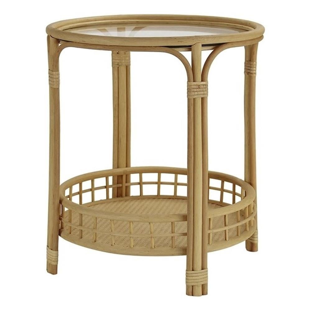 Natural Light Brown Rattan and Glass Round Side Table