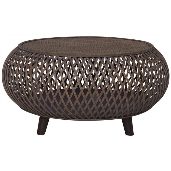 Gallerie Decor Bora Bora Round Transitional Rattan Coffee Table in Walnut