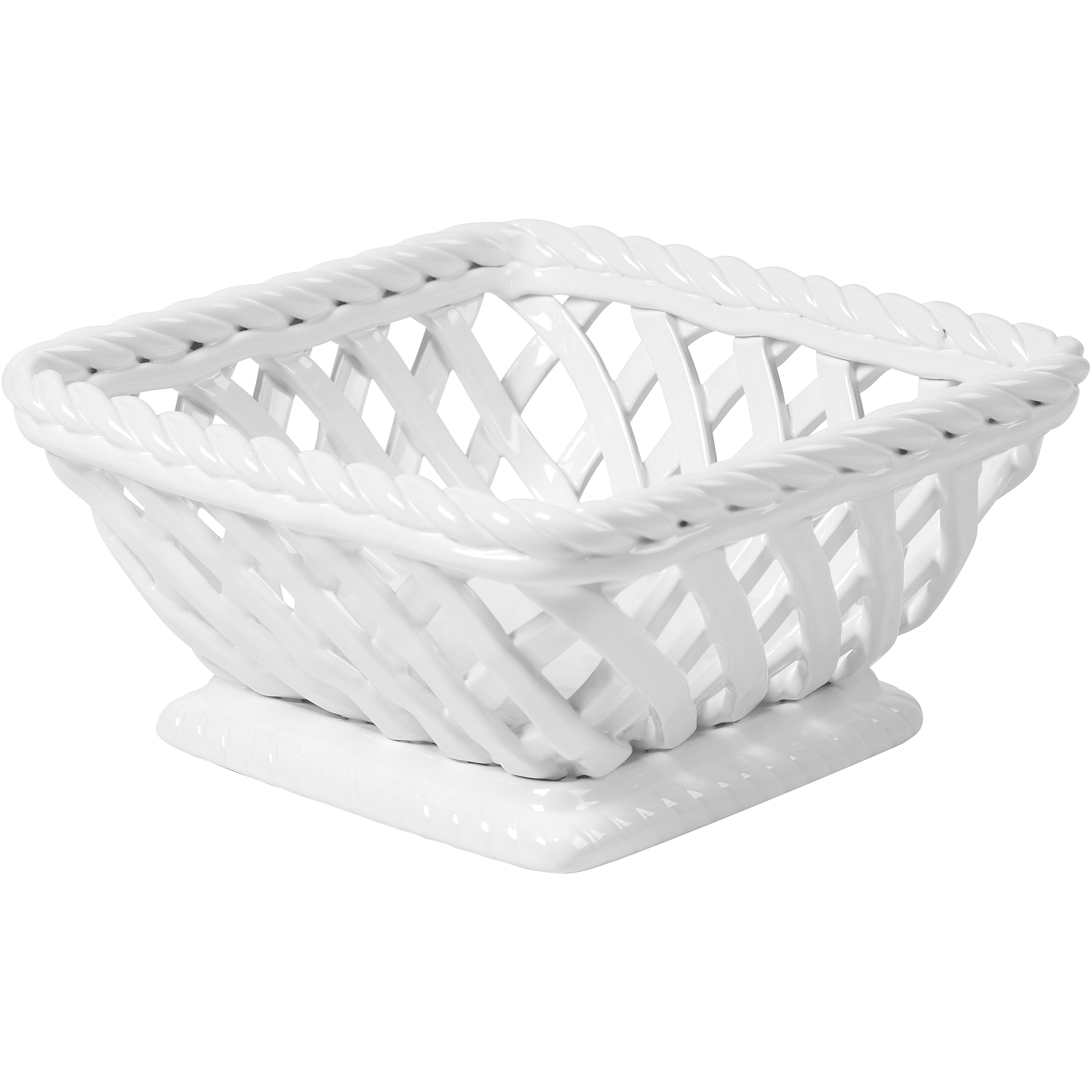9 Inch Spaghetti Style Ceramic Rectangular Basket – Handmade In Italy, White Gloss Finish, Authentic Capodimonte