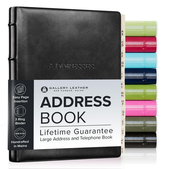 Gallery Leather Large Address Book with Alphabetical Tabs up to 480 records, Leather Notebook Hardcover, Telephone and Address Books - 9x7", Desk Address, Acadia Black