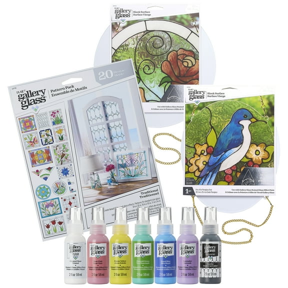 Gallery Glass Stained Glass Acrylic Paint Starter Kit, 10 Pc Set Including 2 Surfaces and Pattern Pack