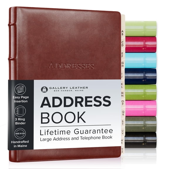 Gallery Leather Large Address Book with Alphabetical Tabs up to 480 records, Leather Notebook Hardcover, Telephone and Address Books - 9x7", Desk Address, Acadia Tan