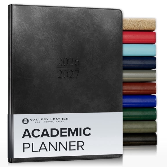 Gallery Leather Academic Planner 2027, Teacher and Student Weekly Monthly Planner, Elegantly Bound Calendar with Gold-Gilded Page Edges, 18 Months - Acadia Black - 9x7"