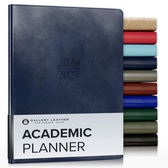 Gallery Leather Academic Planner 2027, Teacher and Student Weekly Monthly Planner, Elegantly Bound Calendar with Gold-Gilded Page Edges, 18 Months - Acadia Navy - 9x7"