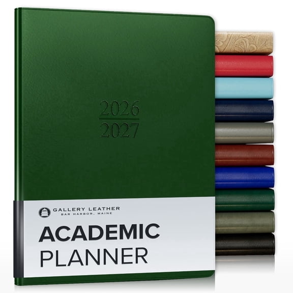 Gallery Leather Academic Planner 2027, Teacher and Student Weekly Monthly Planner, Elegantly Bound Calendar with Gold-Gilded Page Edges, 18 Months - Freeport Metallic Hunter - 9x7"