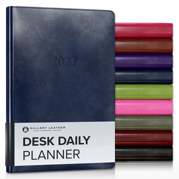Gallery Leather Daily Planner 2027, Elegantly Bound Daily Calendar Planner and Notebook with Stylish Gold-Gilded Page Edges, 12 Months - 2027 - Acadia Navy - 8x5.5"