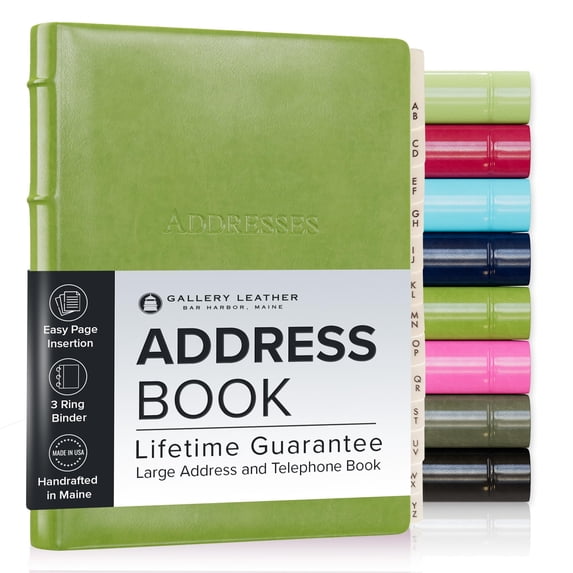 Gallery Leather Large Address Book with Alphabetical Tabs up to 480 records, Leather Notebook Hardcover, Telephone and Address Books - 9x7", Desk Address, Acadia Lime