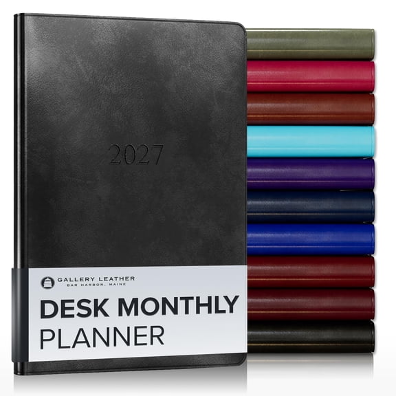 Gallery Leather Desk Monthly Planner 2027, Elegantly Bound Calendar Planner and Notebook with Stylish Gold-Gilded Page Edges, 18 Months - Acadia Black - 8x5.5"