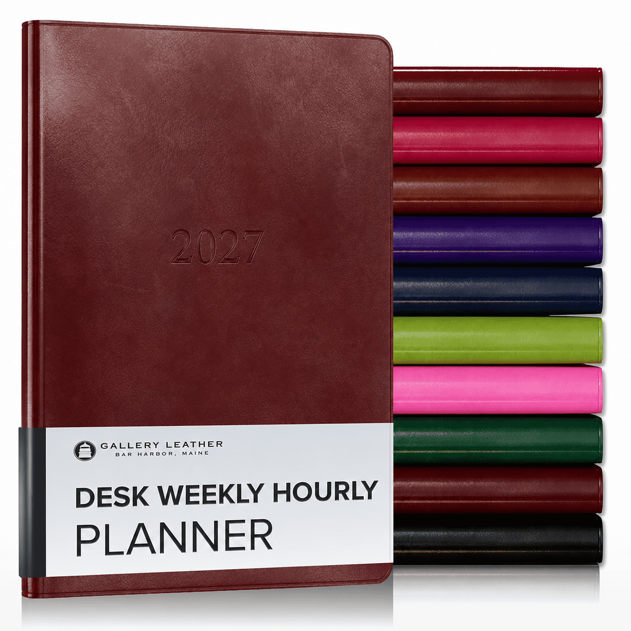 Gallery Leather Desk Hourly Weekly Monthly Planner 2027, Elegantly Bound Calendar Planner and Notebook with Stylish Gold-Gilded Page Edges, 12 Months - Acadia Deep Red - 8x5.5"