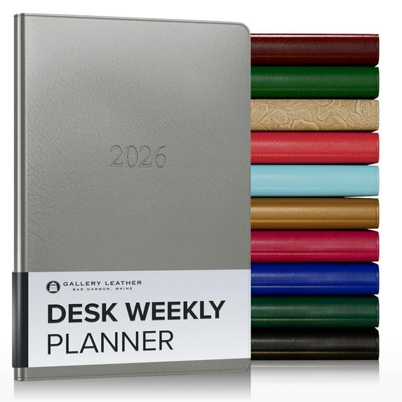 Gallery Leather Desk Weekly Monthly Planner 2026, Elegantly Bound Calendar Planner and Notebook with Stylish Gold-Gilded Page Edges, 12 Months - Freeport Metallic Silver - 8 x 5.5 "