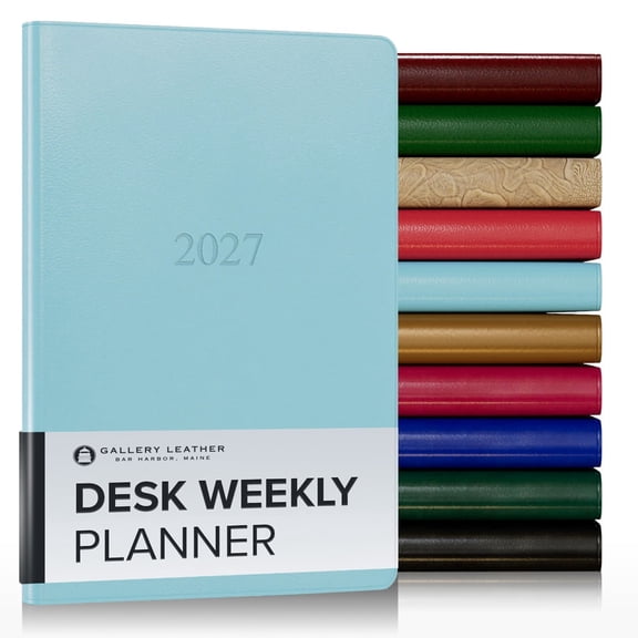 Gallery Leather Desk Weekly Monthly Planner 2027, Elegantly Bound Calendar Planner and Notebook with Stylish Gold-Gilded Page Edges, 12 Months - Caribbean Aqua - 8x5.5"