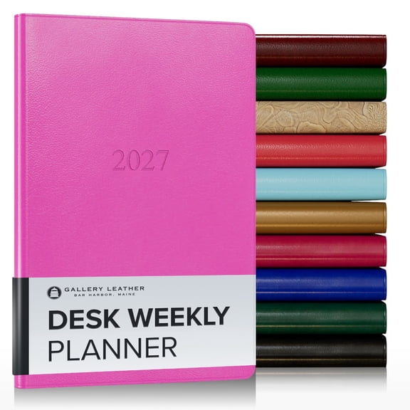 Gallery Leather Desk Weekly Monthly Planner 2027, Elegantly Bound Calendar Planner and Notebook with Stylish Gold-Gilded Page Edges, 12 Months - Caribbean Fuchsia - 8x5.5"