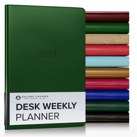 Gallery Leather Desk Weekly Monthly Planner 2027, Elegantly Bound Calendar Planner and Notebook with Stylish Gold-Gilded Page Edges, 12 Months - Freeport Metallic Hunter - 8x5.5"